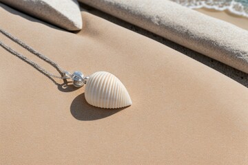 Fototapeta na wymiar A seashell necklace left behind on a lounge chair