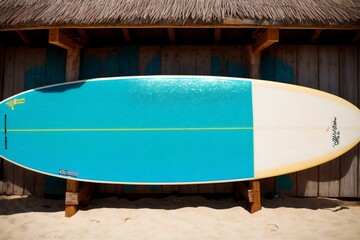 A surfboard resting against a beach shack still wet from the ocean
