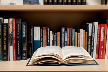 A textbook on a shelf waiting to share its knowledge - obrazy, fototapety, plakaty