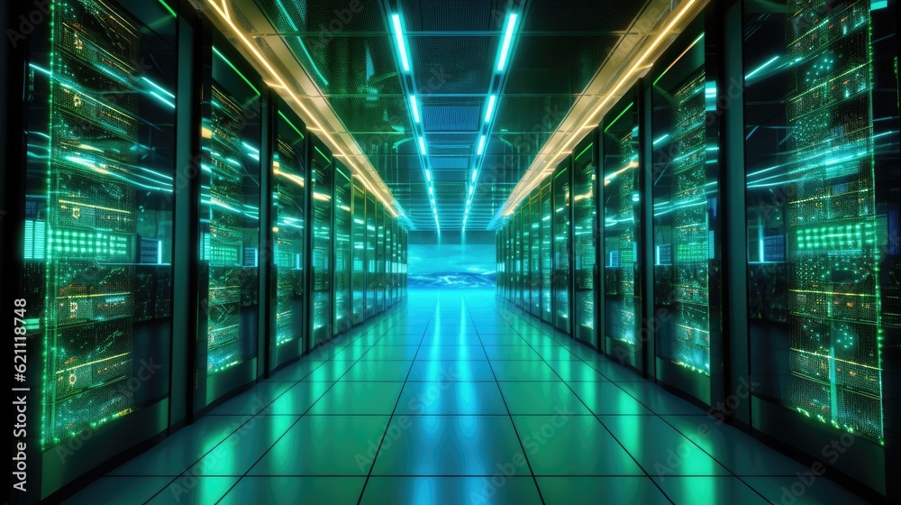 Poster inside an operational data center. hosting a cryptocurrency mining supercomputer cluster, cloud comp