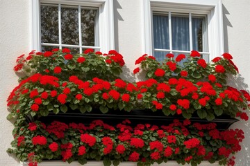 Fototapeta na wymiar A window box brimming with vibrant sun loving geraniums
