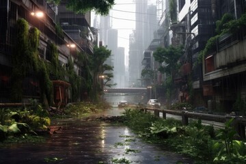 Fototapeta na wymiar Rainy road city with buildings and vegetation