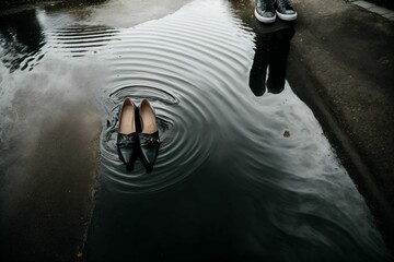 Fototapeta na wymiar A woman s shoe stepping into a puddle causing a ripple of stars