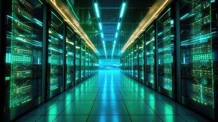 Fototapeta premium inside an operational data center. hosting a cryptocurrency mining supercomputer cluster, cloud computing, or farm