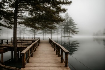 A wooden pier extending into a fog shrouded lake