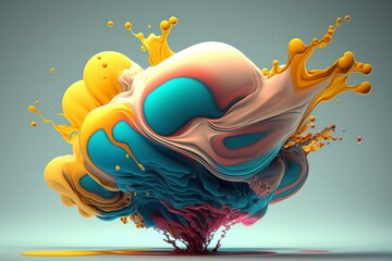 Obraz premium Vibrant 3D painting: Surrealistic, flowing textures meet colorful explosions and flowing fabrics in light orange and beige hues. Rendered in Cinema4D, stunning fusion of cyan and bronze. Generated AI