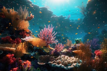 Fototapeta na wymiar underwater view of the coral reef, tropical waters, and marine life. made using generative AI tools