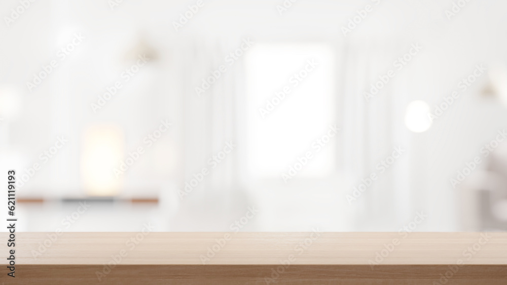 Poster empty wooden countertop with blurry modern cozy background with window and home interior, background