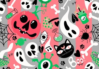 Fototapeta premium Halloween cartoon pumpkins and cat seamless bones and ghost and mushrooms and poison pattern for wrapping