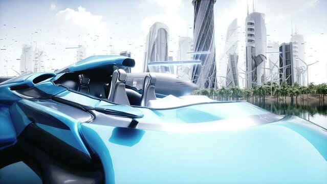 fying car in futuristic city. Future concept. Realistic 4k animation.