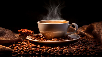 A steaming cup of coffee alongside a scatter of aromatic coffee beans, evoking the rich aroma and warmth of a freshly brewed cup. Generative AI