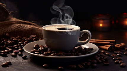 A steaming cup of coffee alongside a scatter of aromatic coffee beans, evoking the rich aroma and warmth of a freshly brewed cup. Generative AI
