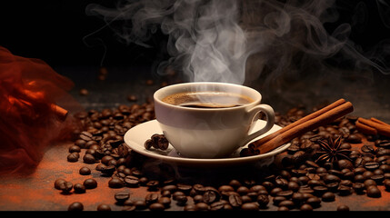 Fototapeta premium A steaming cup of coffee alongside a scatter of aromatic coffee beans, evoking the rich aroma and warmth of a freshly brewed cup. Generative AI
