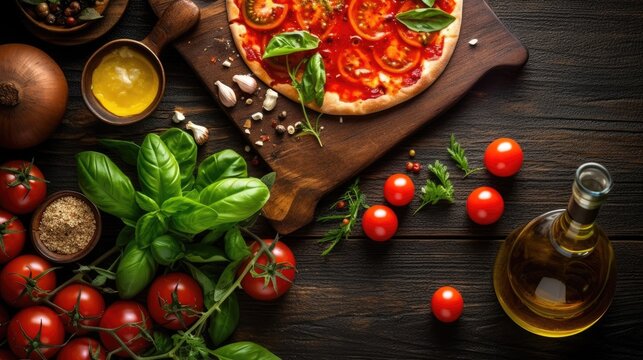 pizza toppings such as tomato sauce Mozzarella, tomatoes, basil, olive oil, cheese, and seasonings are served on an uncooked hardwood table. flat lay fashion. Pizza from Italy