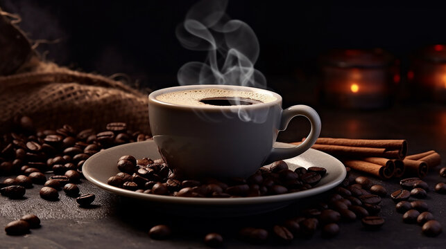 A steaming cup of coffee alongside a scatter of aromatic coffee beans, evoking the rich aroma and warmth of a freshly brewed cup. Generative AI © alionaprof