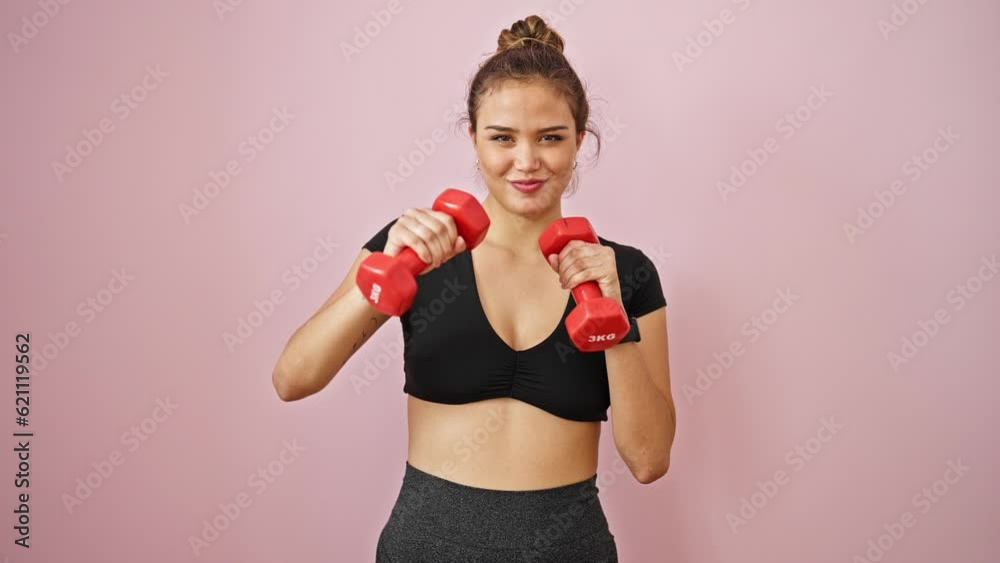 Wall mural Young beautiful hispanic woman smiling confident using dumbbells boxing over isolated pink background