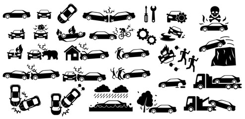 Collection of vector icon illustrations about car accidents, breakdowns, collisions and maintenance maintenance