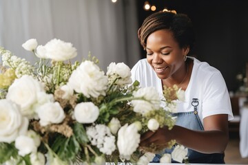 African american florist woman makes a flowers bouquet in floral shop