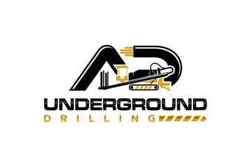 Fiber optic drilling machine logo design underground work AD initial font icon symbol