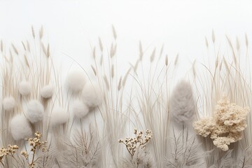 Wheat, Dried Grasses and Pampass Grass in Soft Neutral Pallette on a White Background for Graphic Resource