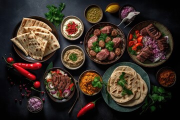 Several meze and Middle Eastern or Arabic dishes may be viewed against a dark background. Falafel baba ghanoush, rice with vegetables, sambusak, kibbeh pita, and meat kebabs are also available. Kosher