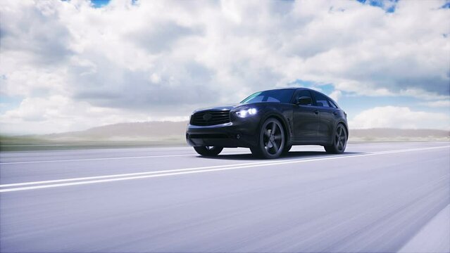 Luxury black car on highway. Very fast driving.