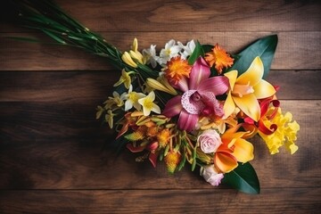 Summer bouquet of color orchids lying on wooden table