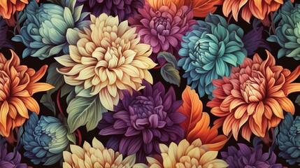 Beautiful seamless flower pattern with different flowers. Vector illustration. Painting of  beautiful vibrant blooming flowers on a dark background.