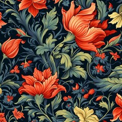 Beautiful seamless flower pattern with different flowers. Vector illustration. Painting of  beautiful vibrant blooming flowers on a dark background.