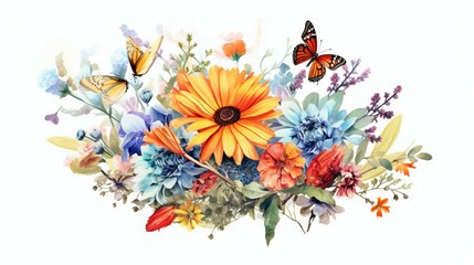 Beautiful watercolor bouquet. Vector image of nice colorful summer flowers on a white background. Bright spring flowers painting.