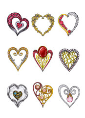 Jewelry design pattern fancy heart hand drawing and painting on paper.
