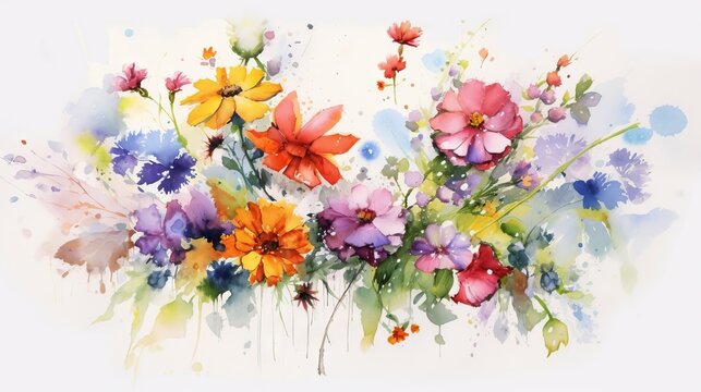 Beautiful watercolor bouquet. Vector image of nice colorful summer flowers on a white background. Bright spring flowers painting.