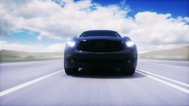 Luxury black car on highway. Very fast driving.