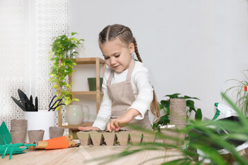 Little girl planting vegetable seeds into peat pots with soil at wooden table in room