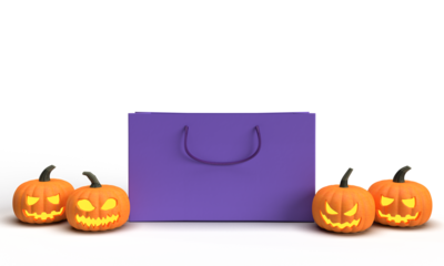Bag violet color pumpkin fruit vegetable yellow orange color symbol decoration happy halloween october 31 thirty one trick of treat offer discount sale party buy sell product gift horror celebration 
