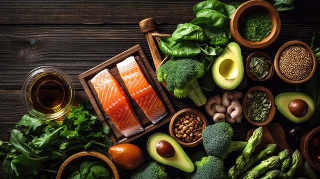Top superfood flat-lay picture with copy space. The healthy diet meals are set against a dark rustic wooden background. Asparagus, salmon, and zucchini
