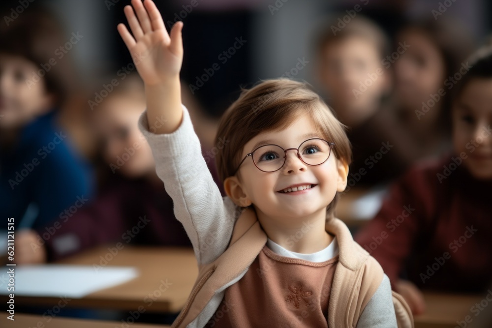 Wall mural The child raises his hand for an answer in the classroom. Back To School concept. Backdrop with selective focus