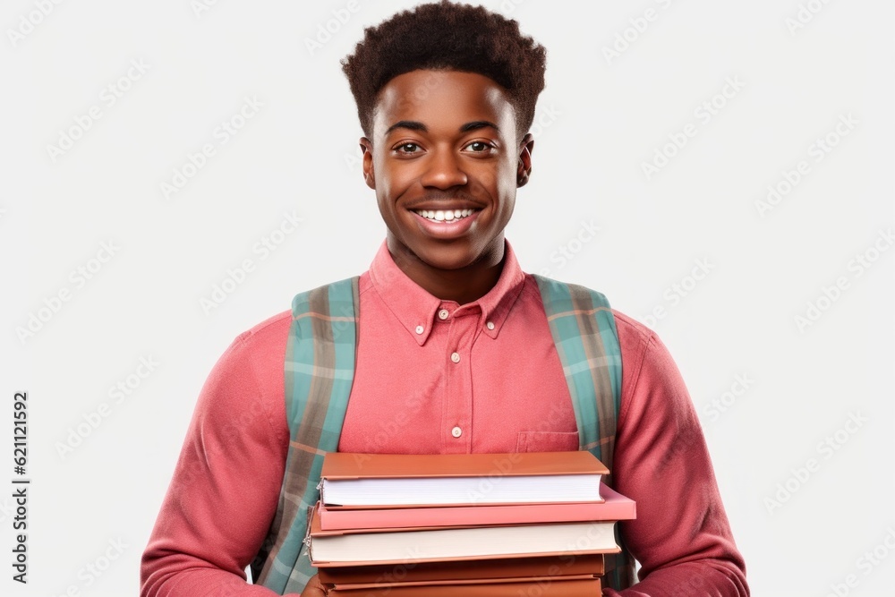 Canvas Prints Portrait of a young male student with textbooks on a light background. Back To School concept