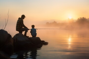 Fishermen's son with his father on a fishing trip. Background with selective focus and copy space