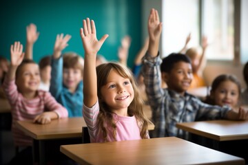 Children raise their hands to answer in the classroom. Back To School concept. Backdrop with selective focus - Powered by Adobe