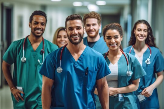 Team of doctors in the hospital. Background with selective focus. AI generated, human enhanced