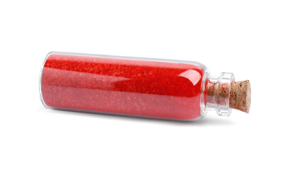 Glass bottle of red food coloring isolated on white