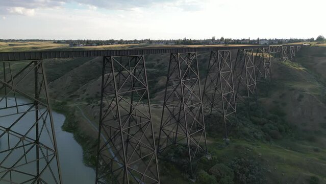 Aerial drone footage over the Lethbridge Viaduct in the town of Lethbridge, Alberta, Canada