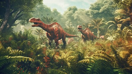 dinosaurs and woodland foliage. made using generative AI tools