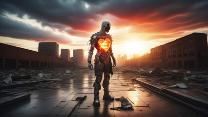 Fototapeta premium Humanoid creature with a huge heart against the background of a destroyed city. Generative AI