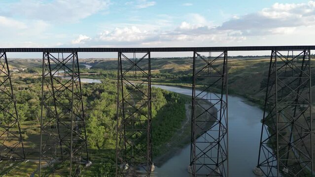 Aerial drone footage over the Lethbridge Viaduct in the town of Lethbridge, Alberta, Canada