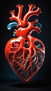 3D model of the human heart with blood vessels. Generative AI