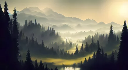 Papier Peint photo Lavable Forêt dans le brouillard amazing landscape full of tall pines