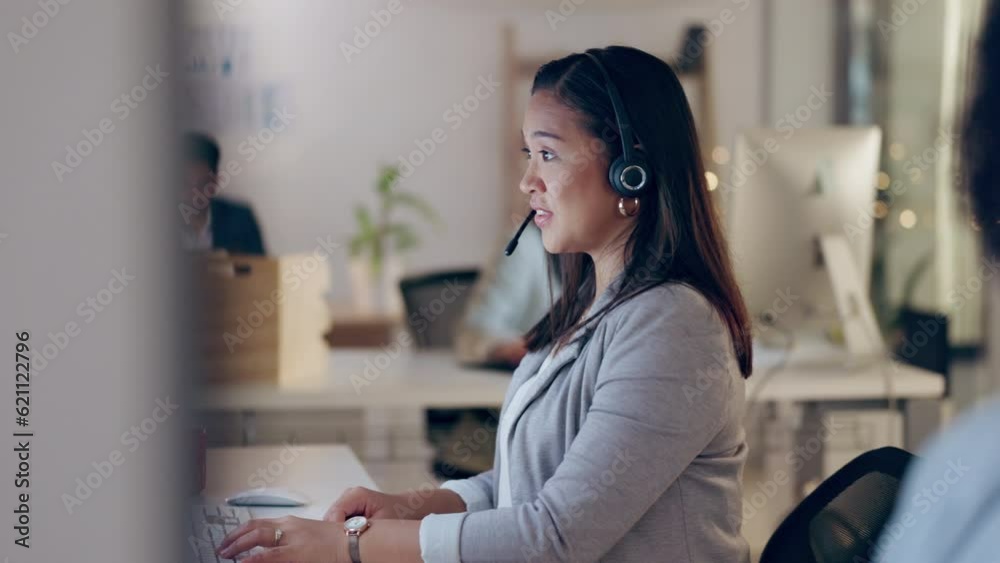 Aufkleber call center, virtual assistant talking or asian woman in customer service, telecom or communication.