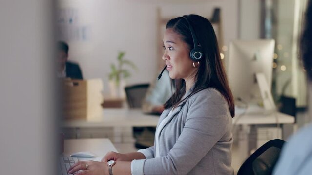 Call center, virtual assistant talking or Asian woman in customer service, telecom or communication. Explaining, help desk or friendly sales agent in microphone headset at crm or technical support